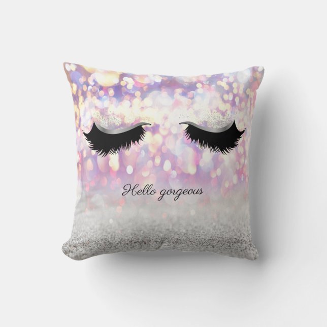 Modern Cool Pink Silver Glitter Bokeh,Faux Lashes Cushion (Front)