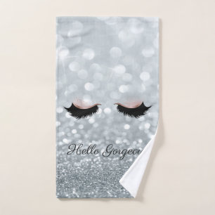 Modern Cool Silver Glitter Bokeh,Faux Lashes Bath Towel Set