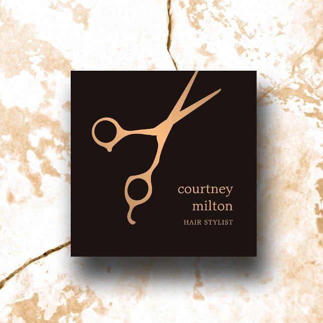 Modern Cool Simple Black Faux Gold Hair Stylist Square Business Card (Creator Uploaded)