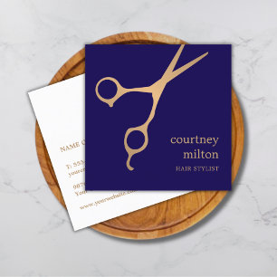 Modern Cool Simple Blue Faux Gold Hair Stylist Square Business Card