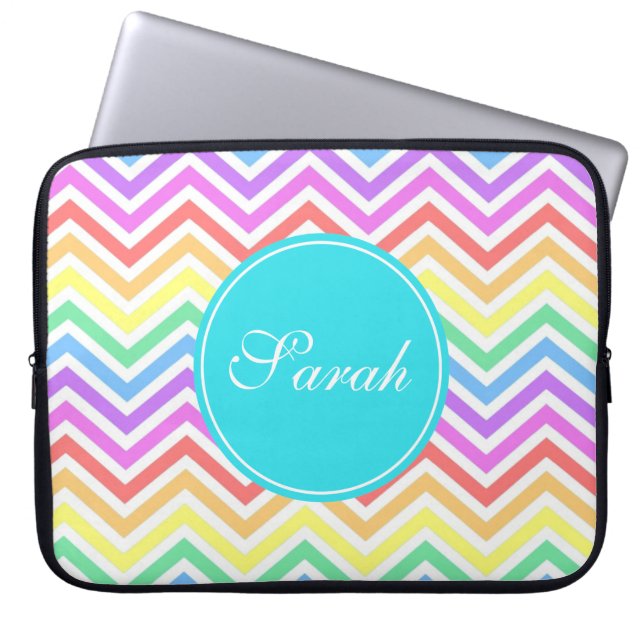 Modern, cool, trendy  rainbow chevron monogram laptop sleeve (Front)