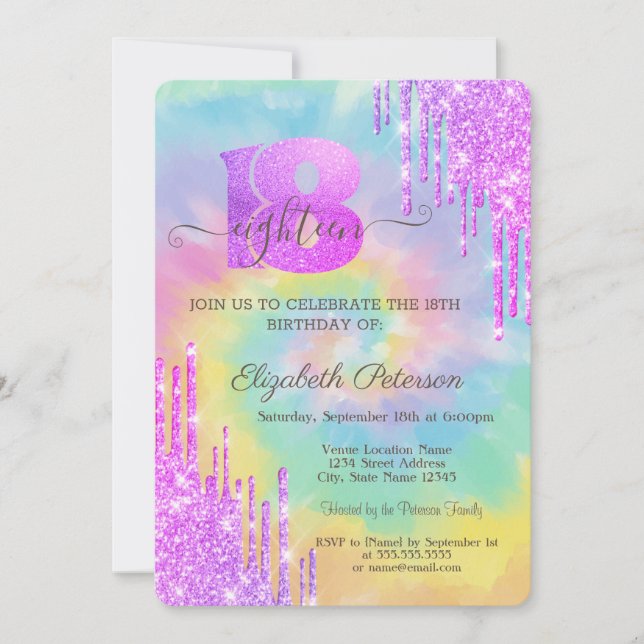 Modern Cool Violet Glitter Drips Tie Dye 18th  Invitation (Front)