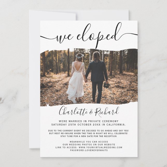 Modern cool wedding we eloped script photo announcement (Front)