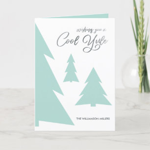 Modern Cool Yule Script Light Green Trees Photo Holiday Card