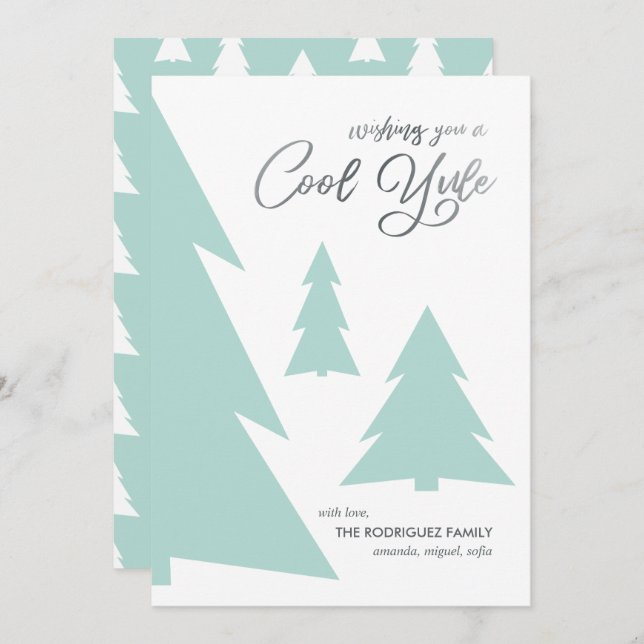 Modern Cool Yule Script Mint Green Trees Holiday Card (Front/Back)