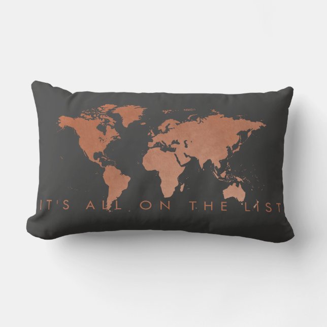 Modern Copper and Grey World Map Pillow (Front)