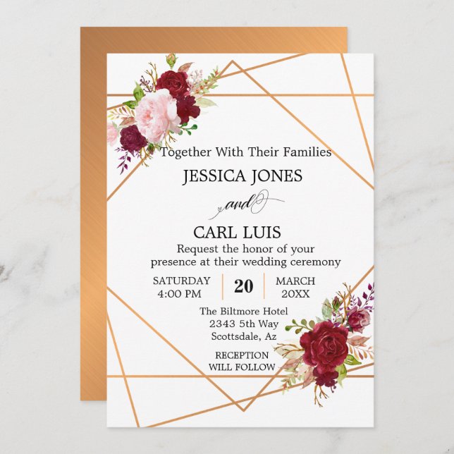 Modern Copper Blush Pink Burgundy Geometric Floral Invitation (Front/Back)