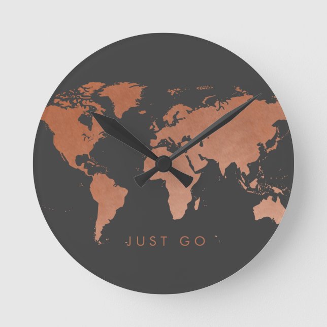 Modern Copper Globe World Map Round Clock (Front)