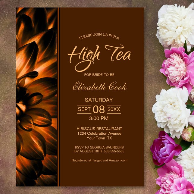 Modern Copper Gold Floral High Tea Bridal Shower Invitation (Creator Uploaded)