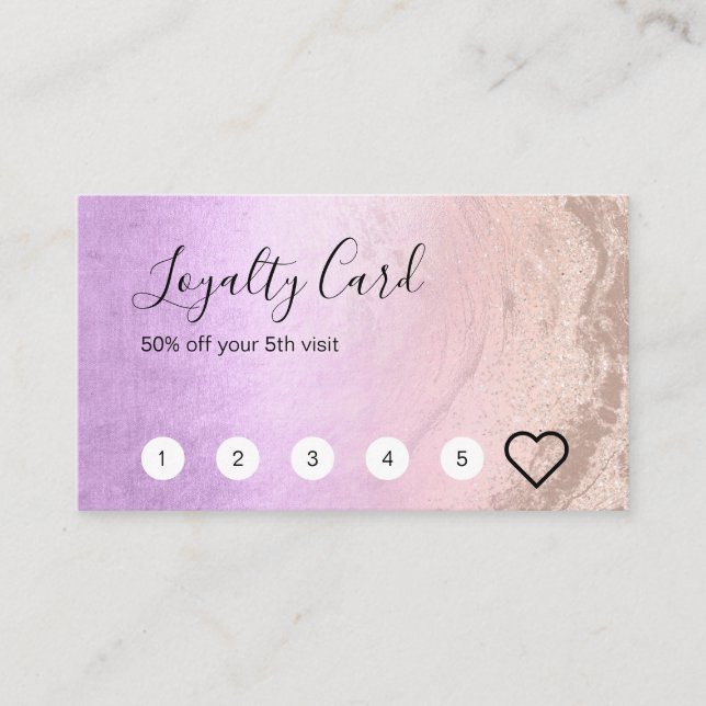 Modern copper gold glitter purple makeup artist loyalty card (Front)