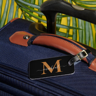 Modern Copper Golden & Black Monogram Script Name Luggage Tag