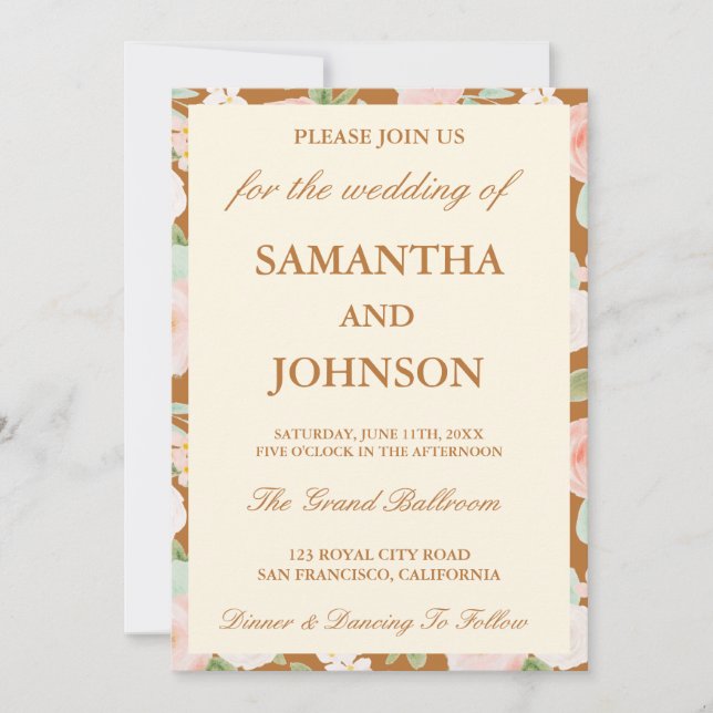 Modern Copper Ivory Floral Monogram Wedding Invitation (Front)
