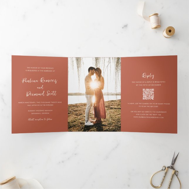Modern Copper QR Code Simple Wedding Tri-Fold Invitation (Inside)