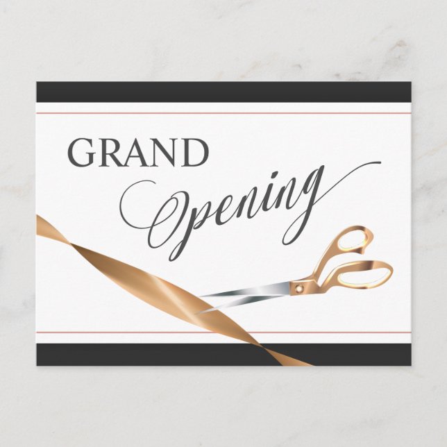 Modern Copper Ribbon Scissors Grand Opening Invitation Postcard (Front)