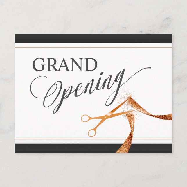 Modern Copper Ribbon Scissors Grand Opening Invitation Postcard (Front)