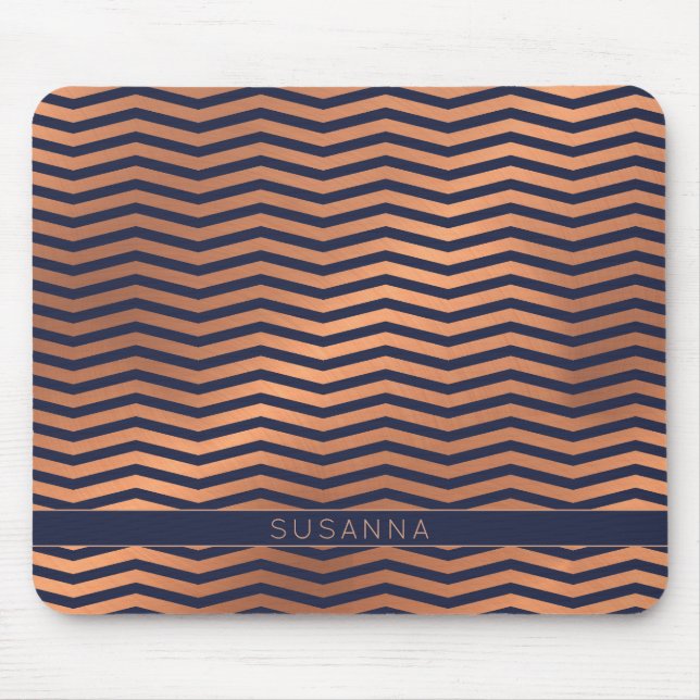 Modern Copper Rose Gold Foil Chevron Navy Blue Mouse Pad (Front)