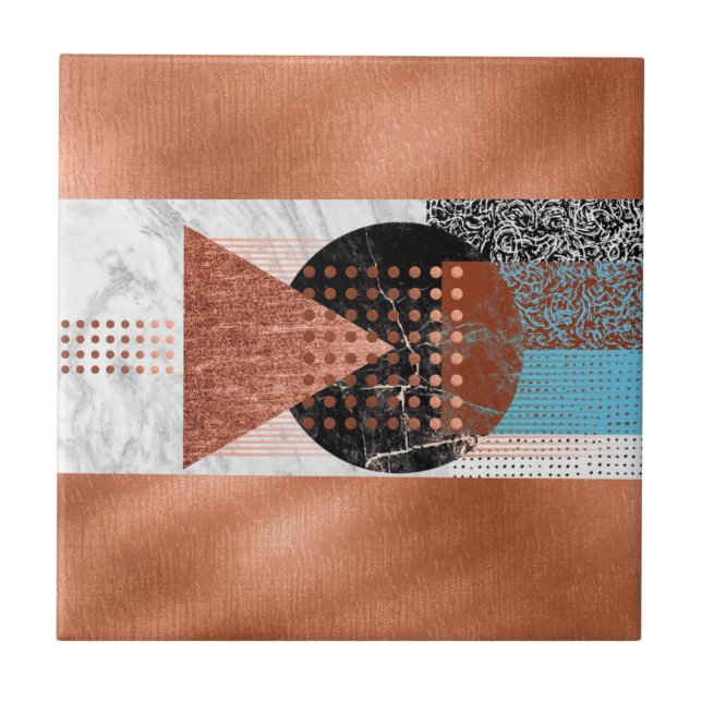 Modern Copper Teal Blue Black Geometric Patterns Ceramic Tile (Front)