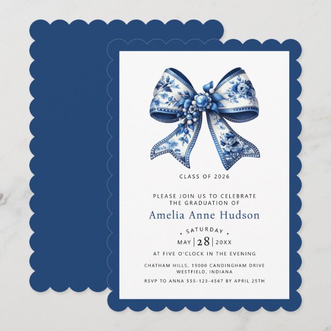 Modern Coquette Blue Floral Bow Graduation Party Invitation (Front/Back)