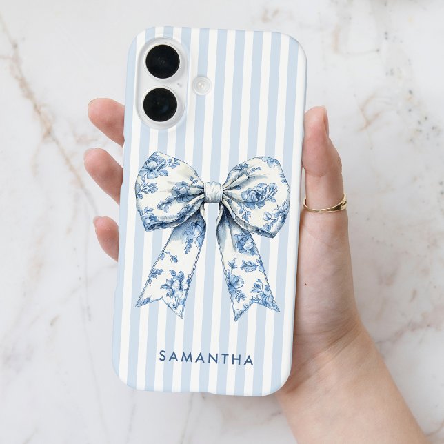Modern Coquette Blue Stripes Girly Bow Custom Name Case-Mate iPhone Case (Modern Coquette Blue Stripes Girly Bow Custom Name Case-Mate iPhone Case)
