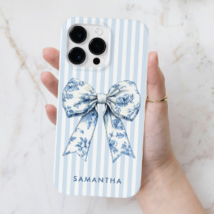 Modern Coquette Blue Stripes Girly Bow Custom Name Case-Mate iPhone 14 Pro Max Case