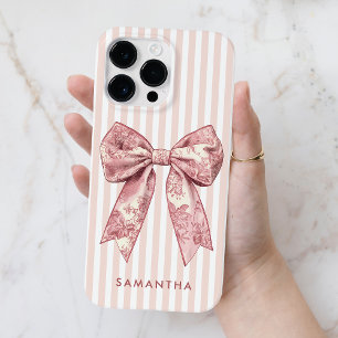 Modern Coquette Pink Stripes Girly Bow Custom Name Case-Mate iPhone 14 Pro Max Case