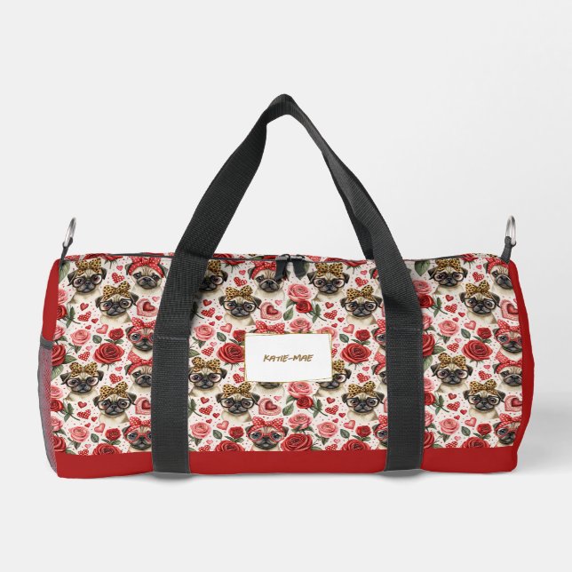 Modern Coquette Pug Dog Pattern Personalized Small Duffle Bag (Back)
