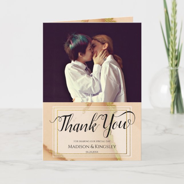 Modern Coral Abstract 💡 Inky Oil Wedding  Thank You Card (Front)