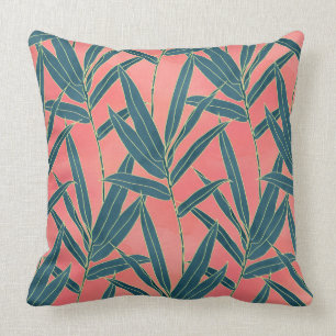 Modern coral and blue foliage design cushion