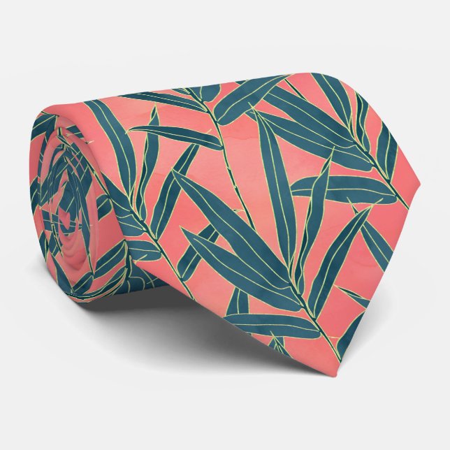 Modern coral and blue foliage design tie (Rolled)
