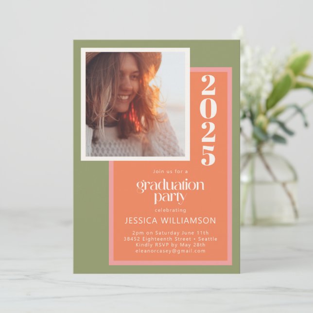 Modern Coral and Green Geometric Graduation Party Invitation (Standing Front)