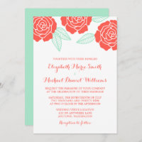 Modern Coral and Mint Rose Wedding Invitations