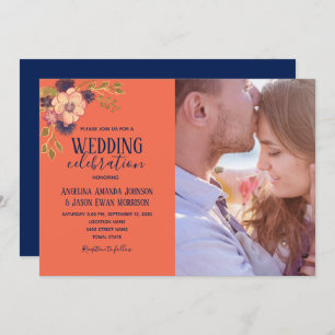 Modern Coral and Navy Blue Wedding Invitation
