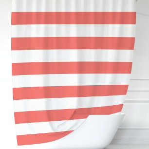 Modern Coral and White Wide Stripes Shower Curtain