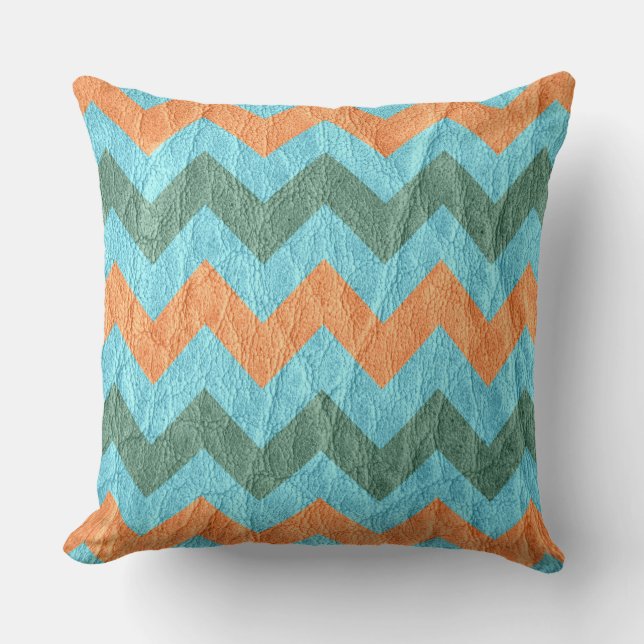 Modern Coral Aqua Chevron Leather Cushion (Front)