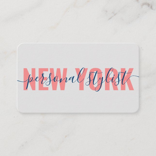 Modern coral blue fashion stylist script signature business card (Front)