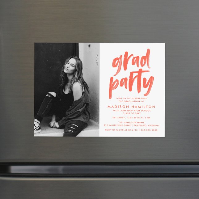 Modern Coral Brush Script Photo Graduation Party Magnetic Invitation (Creator Uploaded)