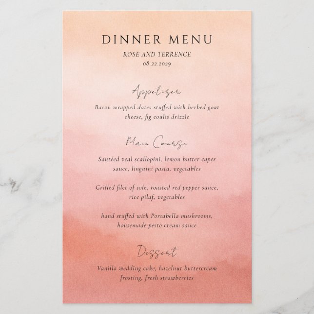 Modern Coral Coastal Chic Elegant Wedding Menu (Front)