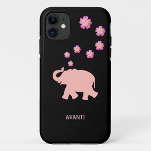 Modern coral elephant and pink flowers on black iPhone 11 case