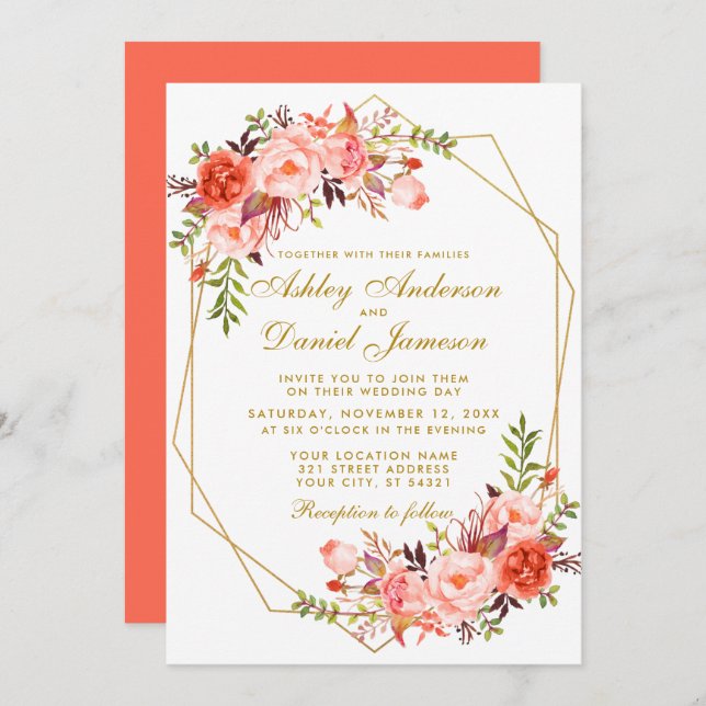 Modern Coral Floral and Gold Wedding Geometric Invitation (Front/Back)
