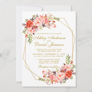 Modern Coral Floral and Gold Wedding Geometric W Invitation