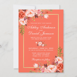 Modern Coral Floral Gold Frame Wedding Invitation