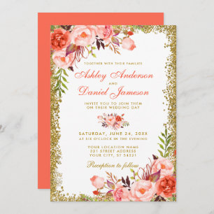 Modern Coral Floral Gold Glitter Wedding Invitation