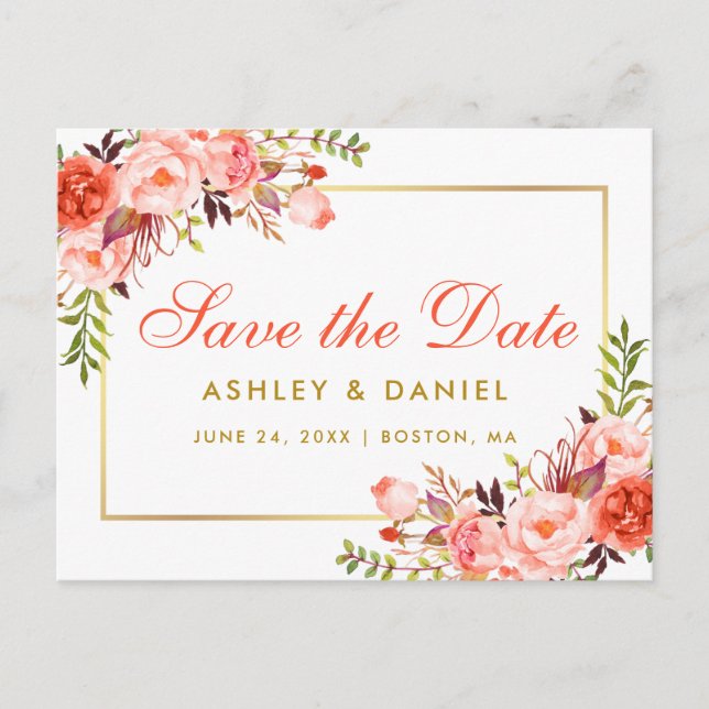 Modern Coral Floral Gold Save the Date Announcement Postcard (Front)