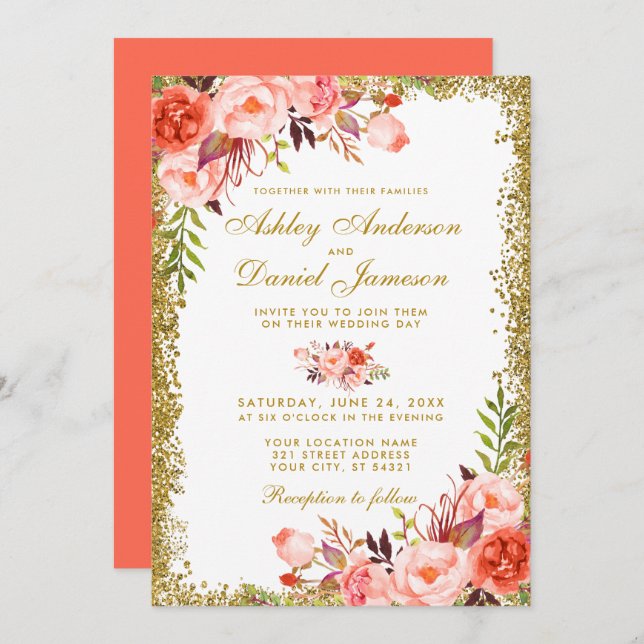 Modern Coral Floral Wedding Gold Glitter Invitation (Front/Back)