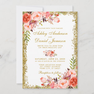 Modern Coral Floral Wedding Gold Glitter W Invitation