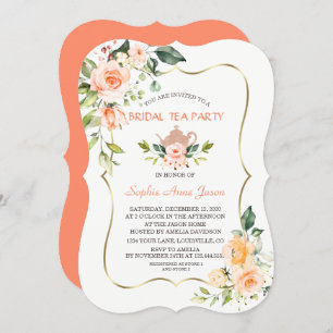Modern Coral Flowers Bridal Shower Tea Party Invitation