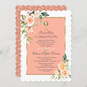 Modern Coral Flowers Coral Glitter First Communion Invitation