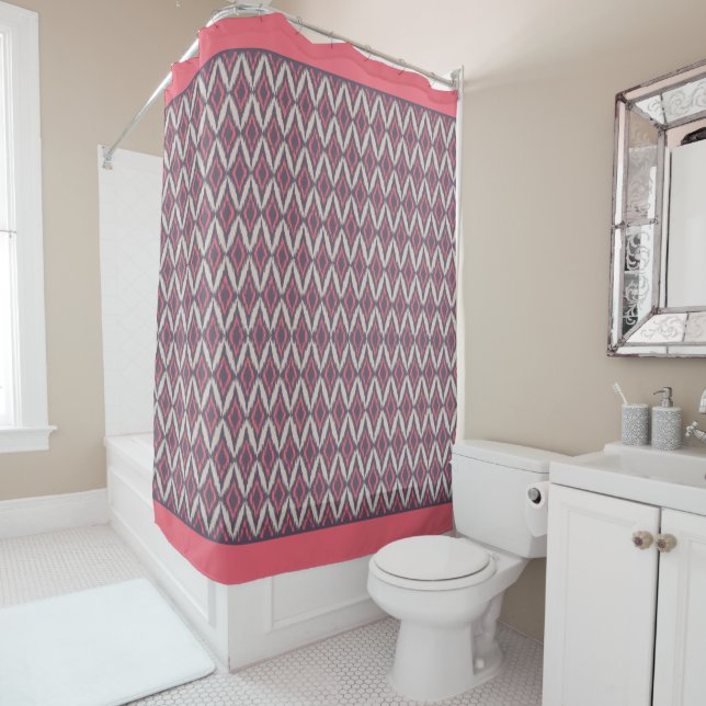 Modern Coral Grey Ikat Pattern Shower Curtain (In Situ)
