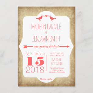 Modern Coral Love Birds Vintage Wedding Invitation