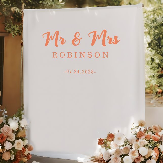 Modern Coral Orange Mr and Mrs Wedding Backdrop Tapestry (Creator Uploaded)